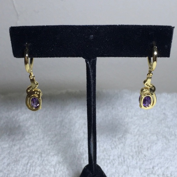 Costume Dangling Earrings with Purple and Clear Rhinestones in Goldtone - Picture 5 of 5